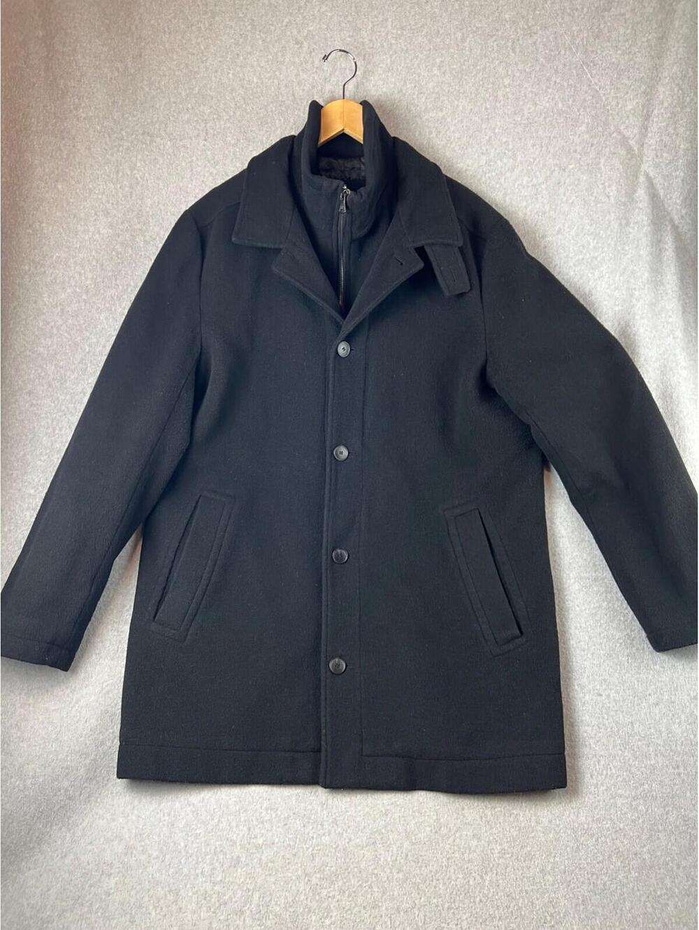 Calvin Klein Mens Stadium Wool Coat Size L Mid Length Full Zip Mock Neck Black